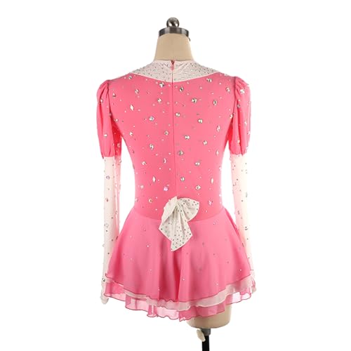 Vestido de patinação artística, branco brilhante, diamantes rosa, fantasia de competição de patinaçã