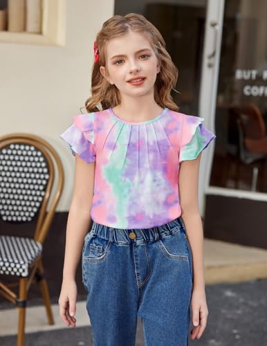 Image of Arshiner Girls T Shirts Ruffle Short Sleeve Summer Pleated Crewneck Casual Tops Tees Blouses