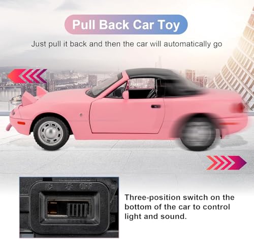 Image of 1:24 Mazda Miata MX-5 Pink Model Toy Car with Pullback, Removable Top, Blinking Lights with Sound and Bright Lights