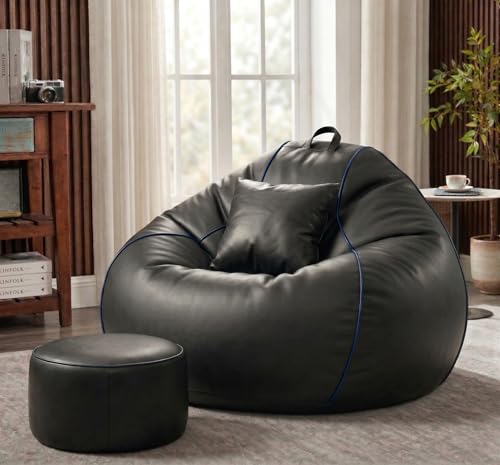 Image of Sattva Piping 3XL Sofa Style Bean Bag Chair with Beans Filled | Faux Leather Bin Bags Sofa Combo with Footstool & Cushion | Large Beanbags for Adults, Teens & Home - Black with Royal Blue Piping