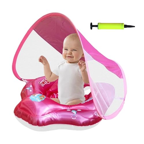 ベビープールフロート 日よけ付き | 調整可能な安全ストラップ付き - 安全シート付き 空気入れ式おもちゃ 滑り止め 対象年齢3〜36ヶ月 水遊び・ビーチ用 夏向け 男女兼用