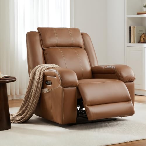Image of SITJOY Pet Friendly Leather Power Recliner Chair, Zero Wall Hugger RV Recliners with Power Headrest, Charging Ports, Side Pockets, Down-Filled, Scratch Resistant Waterproof Faux Leather in Brown