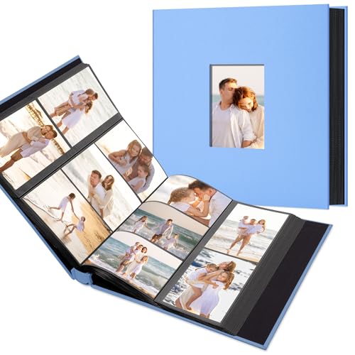 Hiwhy Álbum de Fotos con 300 Bolsillos, Cubierta de Lino y Ventana Personalizable, Apto para Fotos de 10x15 cm, Páginas Negras de Archivo, Gris Verdoso