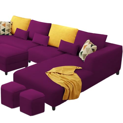 Image of Casaliving Minta RHS 8 Seater L Shape Sofa Set with Ottoman & 2 Puffy for Living Room (Purple - Colour Fabric) Premium Fabric Sofa Set ForLiving Room | Hall