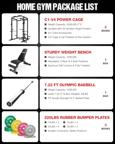 Image of C1-V4 Power Cage, 2000LBS Squat Rack with LAT Pulldown, Multi-Function Weight Cage Strength Training Machine, Workout Cage with More Attachments for Home Gym Garage