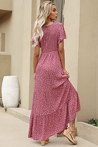 Image of Kranda Women 2025 Summer Fall Crewneck Short Sleeve Smocked Floral Maxi Dress