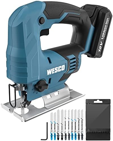 Cordless Jigsaw, WESCO 18V 2.0Ah Jigsaw with Li-ion 2.0Ah Battery, 2400SPM, Variable Speed, 24mm Stroke Length, 10Pcs Blades, Angled Cut ± 45 °, Tool-Free Blade Change and Fast Charger