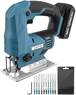 Cordless Jigsaw, WESCO 18V 2.0Ah Jigsaw with Li-ion 2.0Ah Battery, 2400SPM, Variable Speed, 24mm Stroke Length, 10Pcs Blades, Angled Cut ± 45 °, Tool-Free Blade Change and Fast Charger