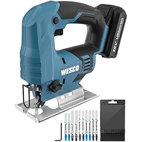 Cordless Jigsaw, WESCO 18V 2.0Ah Jigsaw with Li-ion 2.0Ah Battery, 2400SPM, Variable Speed, 24mm Stroke Length, 10Pcs Blades, Angled Cut ± 45 °, Tool-Free Blade Change and Fast Charger Cover