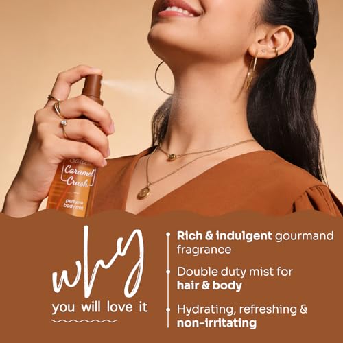 Image of Aqualogica Refresh+ Perfume Body Mist - Salted Caramel Crush | Mouthwatering Gourmand Scent | Long Lasting Fragrance | Double Duty for Hair & Body | Non-Irritating & Hydrating | Infused with Zemea & Hyaluronic Acid | For Men & Women | 150 ml