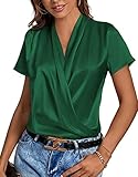 LYANER Women's Satin Silk Wrap V Neck Draped Short Sleeve Elegant Office Blouse Top Dark Green Large
