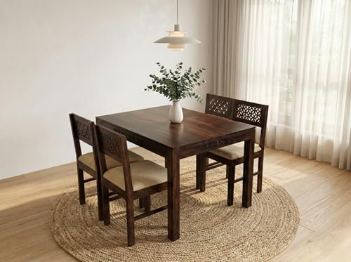 Image of RECTART Solid Wood Dining Table Set with Chairs for Living Room Home | Wooden Dining Room Sets Furniture for Hotels and Restaurants | (CNC-Cream-W, 4 Seater)