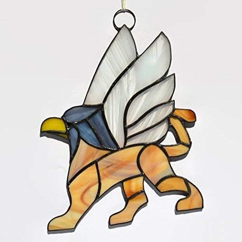Gryphon Stained Glass Suncatcher Window Hanging or Wall Decor, Unique Gargoyle Decoration Home Office Dorm, Handcrafted Mythical Creature Griffin Ornament, Decorative Mystic Animal Griffon Art Panel