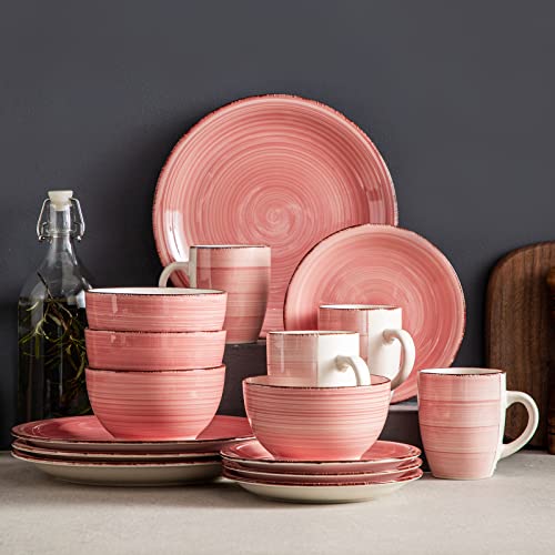 Vancasso Bella Ceramic Dinnerware Set, 16 Pieces Set Of 4 Stoneware Dinner Set With Dinner Plates, Salad Plates, Bowls, Mugs, Microwave Dishwasher Safe - Pink #TOP6