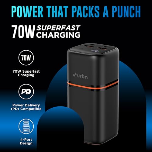 URBN 20000 mAh 70W Premium Nano Power Bank | Two Way Ultra Fast Charging | Pocket Size| Dual Type C Power Delivery (PD) Output + 2 USB-A Output for Quick Charge for Laptop Charging (Black) view 2