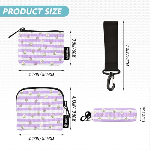 Purple and White Striped Flowers Women's Wallets Card Cases Mini Fashion Key Chain Wallet Change Purse with Zipper Pocket for Lady 2 Packs4
