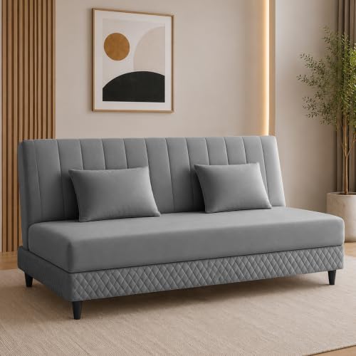 Image of Rosebell Modern 3 Seater Velvet Sofa Cum Bed with Cushion | Premium Upholstered Fabric | Tufted Backrest | Wooden Legs | Living Room Furniture | Grey