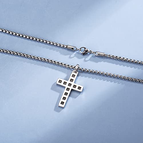 FANCIME White Gold Plated 925 Solid Sterling Silver Polished Black Men's Womens Crucifix Cross Pendant Long Fine Jewelry Valentines Day Gifts for Him,Stainless Steel Box Chain Length 24''4