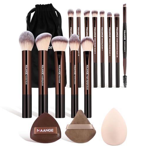 MAANGE 16PCS Makeup Brush Set Travel Makeup Brushes for Liquid Powder Contour Concealer Cream Cosmetics Blending Eyeshadow Eyeliner (Coffee)
