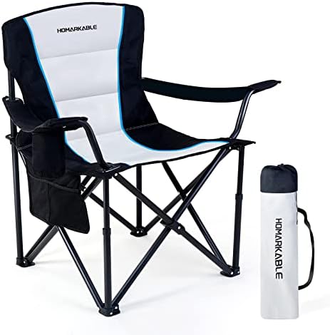 Homarkable Camping Folding Chair Oversized Padded Quad Arm Chair Collapsible Steel Frame Heavy Duty Support 450 LBS, Portable Outdoor Chair with Cup Holder & Side Pocket, Black