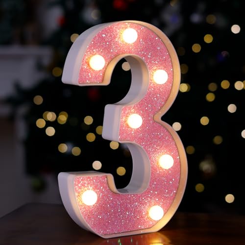 Image of LED Letter Lights Pink Glitter Marquee Letters Light Up Alphabet Letters Sign Battery Powered for Home Party Decoration Night Bar Wedding Birthday Christmas Lamp Girls Gift - Number 3