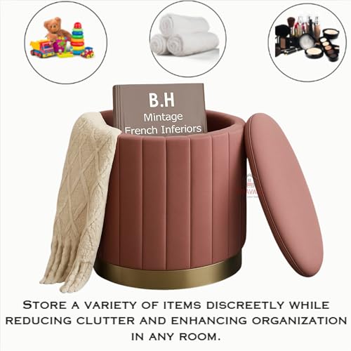 Image of Round Velvet Luxurious Storage Ottoman, Pouf with Storage Vanity Stool Chair,Upholstered Foot Rest Stool with Gold Strip Base for Living Room or Bedroom (Pink, Medium- 36Dx36Wx40H)