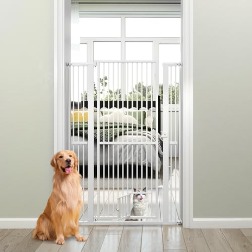 COSTWAY Türschutzgitter Hunde, Absperrgitter ganz hoch, 77-104 cm x 150 cm, Schutzgitter mit Kleiner Tür, 2 Erweiterungen, Türgitter ohne Bohren, Hundegitter ausziehbar, Sicherheitsgitter Metall, Weiß