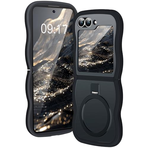 KMAMBAG [Magnetic Stand & Wave Frame] Case for Samsung Galaxy Z Flip 6 Not Yellowing Translucent Z Flip 6/5 Phone Ring Cover for Women Men 7.6' Black