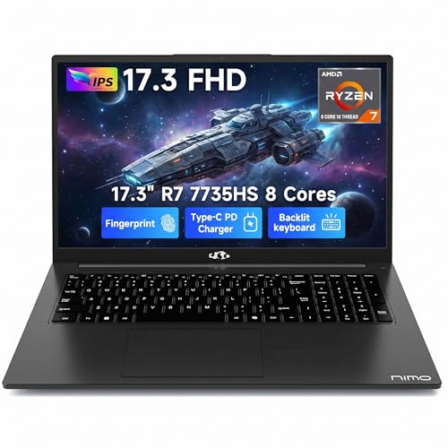 Image of NIMO 17.3" Gaming Laptop, AMD Ryzen 7 7735HS (8C/16T, Up to 4.75GHz), 16GB DDR5 RAM, 256GB PCIe 4.0 SSD, 100W PD Fast Charging, FHD Display, Backlit KB, Fingerprint, SD Card Reader, Windows 11