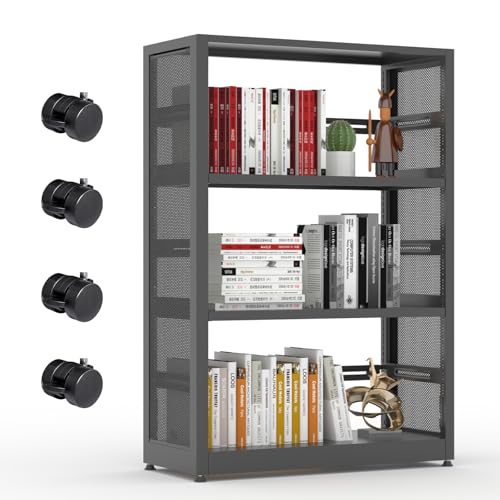 Bookshelf with Storage,Black Bookcase with 2 Adjustable Shelves,Metal Storage Shelves with Wheels,3 Tier Shelving Unit Shelf Organizer,Modern Bookshel