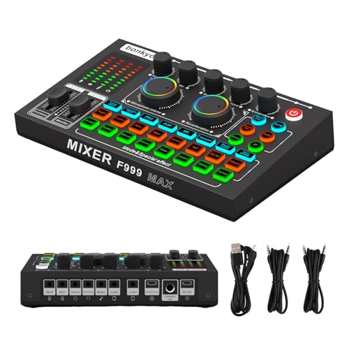 F999MAX Live Sound Card, Professional Audio Mixer & Noise Reduction, Metal Body & Indicator Panel, Audio Interface & Voice Changer, RGB Lighting Effects, DJ Mixer for Live/Gaming/Podcasting/Karaoke