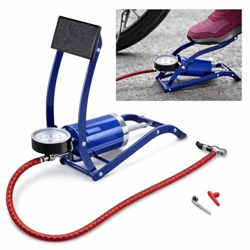 Image of High Pressure Foot Pump, Bike Motorbike Inflation Pump with Pressure Gauge, Foot Pedal Inflator, Single Barrel Cylinder Air Pump, 30 cm, Blue