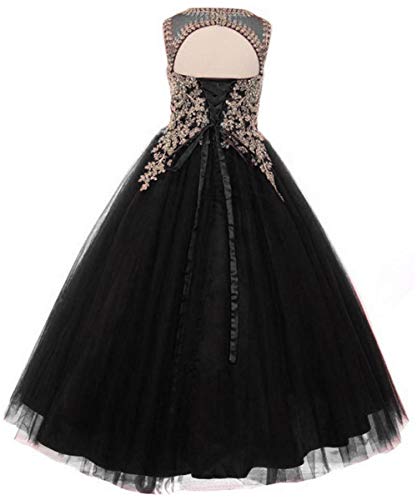 Formal Little Girls Long Pageant Dresses Prom Ball Gown Gold Lace Black Tulle Size 12 #TOP2