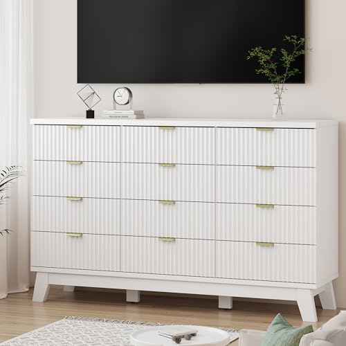 Image of Xixini Fluted Dresser for Bedroom with 12 Drawers, 57 inch Wide Modern Chest of Drawers with Metal Handle, Wooden Dresser TV Stand, Wood Closet Clothes Storage Organizer for Living Room, Hallway, White