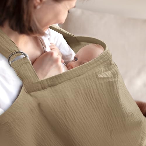 Image of Hooyax 2-in-1 Baby Car Seat Cover & Nursing Cover, 100% Muslin Cotton, Breathable Car Seat Canopy and Privacy Breastfeeding Cover, Brown