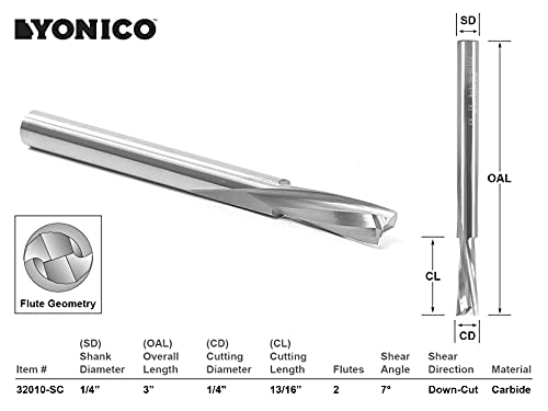 Image of YONICO Downcut Router Bits Spiral 2 Flute Solid Carbide CNC Low Helix End Mill 1 /4-Inch Dia. 1 /4-Inch Shank 32010-SC