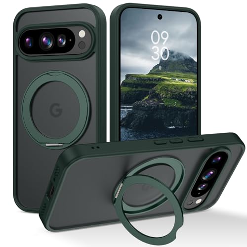 Coque Google Pixel 10 antichoc MagSafe fine translucide avec anneau de support vert