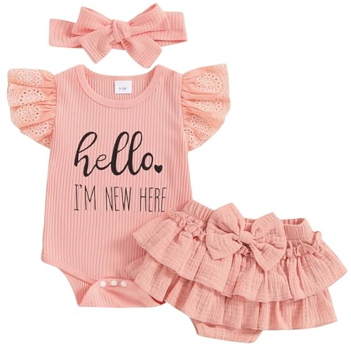 Mubineo Baby Girl Summer Clothes Hello Im New Here Outfits Newborn Romper Ruffle Skirt Shorts Coming Home Outfit (Pink, 0-3 Months)