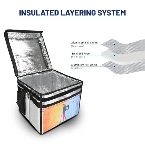 Image of Insulated Food Delivery Bag - 38L Thermal, Waterproof Carrier for Hot Meals | Durable Silver Bag for Food Delivery, Juices & Beverages (14x14x12 inch)