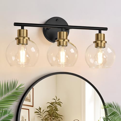 Image of Indoi 3-Light Bathroom Light Fixtures, Black and Gold Bathroom Lights Over Mirror with Clear Glass Globe Shade, Vanity Lights for Bathroom Kitchen Living Room Hallway Cabinet Bedroom Porch