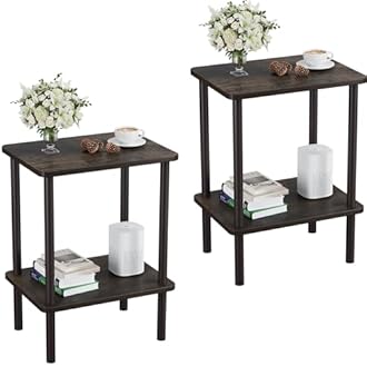Apicizon 2 Tier End Table Set of 2, Small Side Table with Solid Wood Legs, Boho Bedside Table with Storage Shelf, Nightstand for Small Spaces, Bedroom, Living Room, Entryway, Rustic Oak