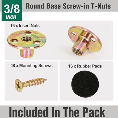 fodau770 3834-16 brad hole t-nut with screws zinc plated carbon steel 3-hole t-nuts insert female thread mounting fastener for wood furniture and diy project - 16 set 64 pieces
