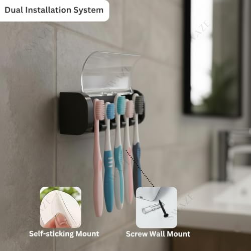 Image of Swaze Plastic Toothbrush Holder with Antibacterial Cover for Bathroom | 5-Slots Wall Mounted Toothbrush Holder with self Adhesive & Screw Options | Bathroom Organizer (Matte Black)
