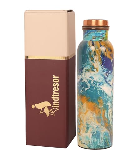 Image of Pure Copper Water Bottle - Handcrafted - Ayurveda health benefits - Large 1000 ml - Leak proof - Easy to carry for Sports, Fitness, Yoga, School - Royal Mosaic 3D Vintage Colorful Enamel