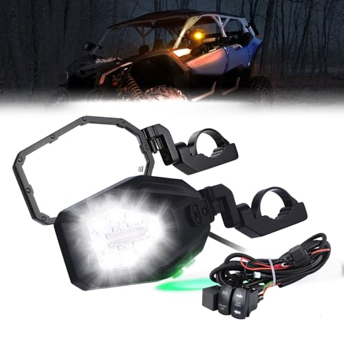 KEMIMOTO UTV LED Lighted Side Mirrors with Flowing Turn Signal Spot Ground light Heavy Duty lighted Rally Integrated Mirror for 1.6-2 in Roll Bar Compatible with Polaris RZR Talon 1000 Can Am X3