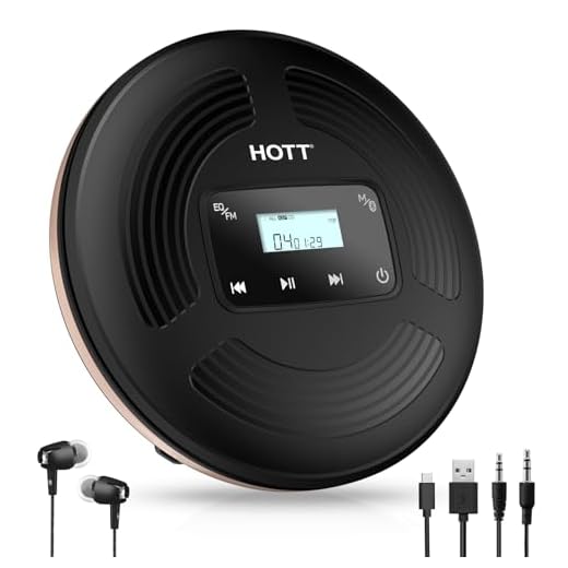 HOTT CD903TF Portable CD Player for Car Speakers with FM Transmitter Bluetooth Rechargeable Touch Button Backlight Display Black