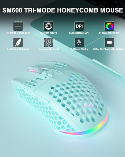 Image of SOLAKAKA SM600 Honeycomb Shell Gaming Mouse Wireless,8000 DPI Tri-Modes BT5.1 /2.4G Wireless /Type-C Wired Gamer Mouse with 2 Side Buttons, Macro Programmable and RGB Light for PC /Mac /Laptop,Green