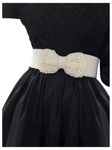 GORGLITTER Women's Pearl Bow Belts Wide Waist Belts Wedding Belts