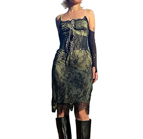 PDYLZWZY Vintage Y2K Spitze Spaghettiträger V-Ausschnitt Kleid Ästhetisches Harajuku Bodycon Mini Kleid Braun Fairycore Streetwear, Z5., S Cover