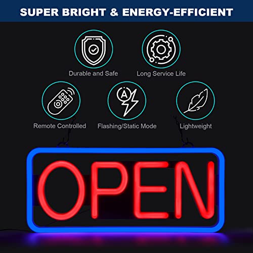 Fitnate Open Sign For Business With Remote Large 21''X10'' Ultra Bright Led Neon Open Sign,Flashing & Steady Light Mode Light Up Signs For Shop Window(Blue/Red) #TOP6